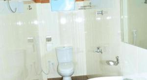 ein weißes Badezimmer mit Toilette und Dusche in der Unterkunft Hotel Glee in Challi + 64 Fotos