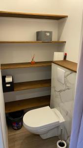 een badkamer met een wit toilet en houten planken bij Maison calme in Pleumeleuc