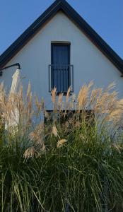 a white house with a window and some tall grass at Dobre Kąty całoroczne domki in Kąty Rybackie