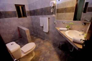 a bathroom with a toilet and a sink and a mirror at Sardar Villa NathiGalli in Bāzār