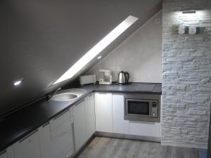 a kitchen with a sink and a microwave at Ferienunterkunft Grüner Weg in Ueckermünde