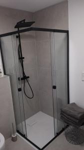 een douche met een glazen deur in een badkamer bij Apartment -Wohnung Herford in Herford +7 foto's