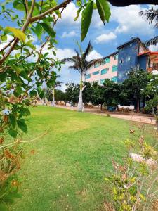 a park with a palm tree and a building at Rejis Hotel in Dodoma