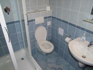 ヴェルカー・ロムニツァにあるPenzión Biela Vodaの青いタイル張りのバスルーム(トイレ、シンク付)