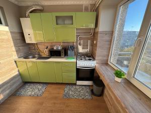 een kleine keuken met groene kasten en een fornuis bij Panorama Spa Apartment in Berehove