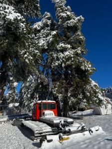 een rode vrachtwagen geparkeerd naast een met sneeuw bedekte boom bij Фокс Хаус FOX HOUSE in Peshtera