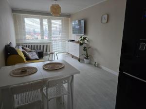 een keuken en woonkamer met een tafel en stoelen bij Apartment Cherry in Gryfice