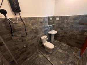 a bathroom with a shower with a toilet and a sink at Green Mount Eye Ella in Ella