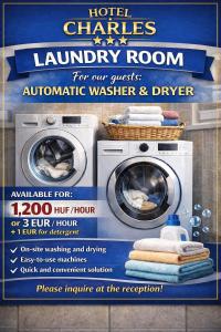 Een flyer voor een wasserette met twee wasmachines. bij Hotel Charles in Boedapest