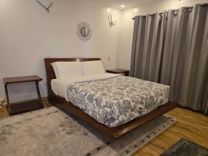 a bedroom with a bed and a curtain at Venus Apartment in Nairobi