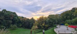 Een bovenaanzicht van een achtertuin met een dak en bomen. bij Ferienwohnung Nideggen in Nideggen +5 foto's