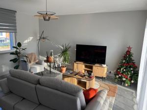 a living room with a couch and a christmas tree at Chez Özlem K in Soufflenheim