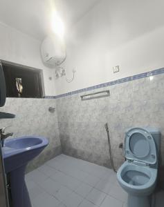 een badkamer met een blauw toilet en een wastafel bij Glenfall Guest in Nuwara Eliya