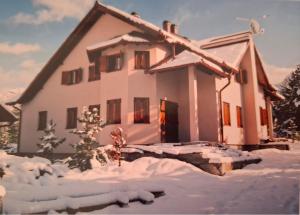 a house with snow in front of it at Kuća za odmor Diva Blidinje, Risovac 455 in Blidinje