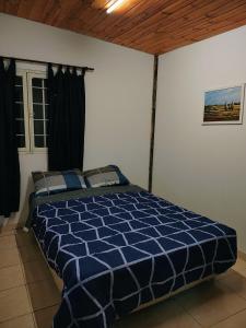 une chambre avec une couette bleue sur un lit dans l'établissement Canaña Los Comechingones, à Santa Rosa de Calamuchita