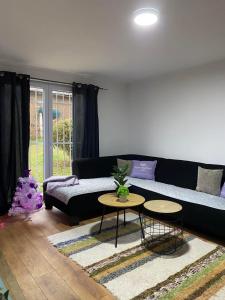 a living room with a black couch and a table at Vikendica Zeleni san in SJJ