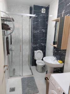 a bathroom with a shower and a toilet and a sink at Andrej Apartment with Garage in Bar +8 photos