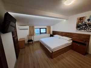 蒂米什瓦拉Apartment Cozia的一间卧室，里面有一张床和一台平板电视