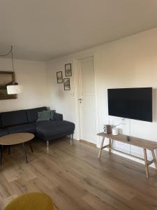 a living room with a couch and a flat screen tv at Baekgaarden 3 rooms Apartment - old farm house in Odense
