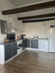 a large kitchen with gray cabinets and white appliances at Baekgaarden 3 rooms Apartment - old farm house in Odense
