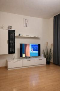 a living room with a flat screen tv on a cabinet at Apartman Mila in Golubić +13 photos
