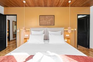 a bedroom with a large white bed with white pillows at Villa Calaïa in Tartane +26 photos