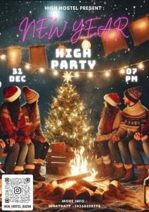 a christmas flyer with a group of people sitting around a fire at High Hostel in Budva