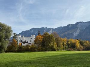 een kasteel in een veld met bergen op de achtergrond bij Römer Appartement mit sonniger Terrasse in Bad Reichenhall