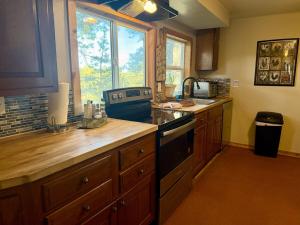 une cuisine avec un évier et une cuisinière four supérieur dans l'établissement Cozy Rustic Retreat on a Horse Ranch with Stunning Pikes Peak Views and Serenity Minutes from Downtown Woodland Park, à Woodland Park