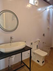 een badkamer met een wastafel, een toilet en een spiegel bij Colomb Beach Cottages in Patnem