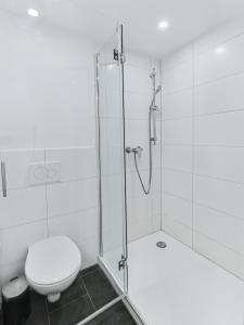 ein weißes Badezimmer mit Toilette und Dusche in der Unterkunft ARCHIPEL-Nahe Hamburg-Terasse-Neu in Geesthacht + 25 Fotos