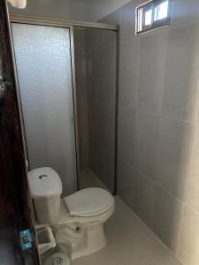 een kleine badkamer met toilet en douche bij Apartamentos King Arthur in Punta Seca