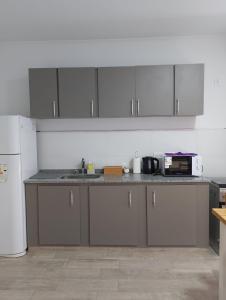 une cuisine avec des armoires grises et un réfrigérateur blanc dans l'établissement El Estudio Céntrico con cochera, à Lobos