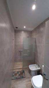 une salle de bain avec une douche avec des toilettes et un lavabo dans l'établissement El Estudio Céntrico con cochera, à Lobos