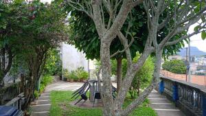 a park with benches and trees on a sidewalk at Chez Laurel in Rio de Janeiro