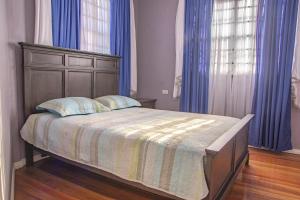 a bedroom with a large bed with blue curtains at Garden View Villa in Georgetown