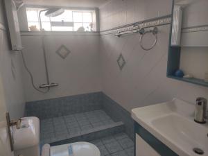 une salle de bains avec douche, toilettes et lavabo dans l'établissement Sunrise View House, à Poros 52 autres photos