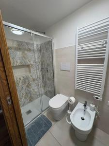 un bagno con doccia, WC e lavandino di G&S Belvedere Apartment - Nuoro a Nuoro Altre 2 foto