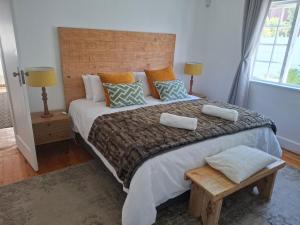 een slaapkamer met een groot bed met twee kussens bij Quaint Muizenberg Stay and Private Suite in Muizenberg