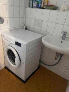 een wasmachine en een wastafel in de badkamer bij Apartment Lesse in Salzgitter