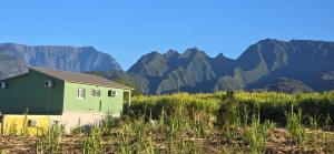 een huis in een veld met bergen op de achtergrond bij Le Plumeria in Saint-Pierre