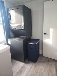 einen TV auf einem Stand in einem Zimmer in der Unterkunft Walkerville Luxury Apt -River Views & Balcony in Windsor