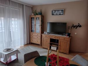 a living room with a television on a wooden cabinet at W Krakowie u Helenki in Krakow