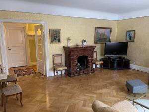 ein Wohnzimmer mit Kamin und Fernseher in der Unterkunft Spacious and charming apartment in central Storvik in Storvik