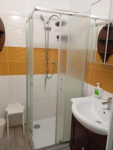 un bagno con doccia e lavandino di Stanza privata nel centro di Lamezia a Lamezia Terme