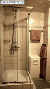 een douche met een glazen deur in een badkamer bij Haus Karoline FeWo5 in Hochrindl