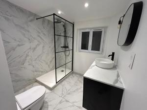 a bathroom with a shower and a toilet and a sink at Le cocon avec Terrasse in Amiens +5 photos
