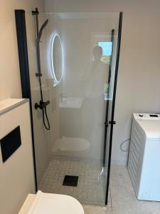 a man standing in a shower in a bathroom at New studio centrally located in Leknes in Leknes +23 photos