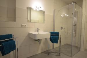 ein Badezimmer mit Waschbecken und Dusche in der Unterkunft Ferienwohnung am Lech - Heidrun s Nest in Prem + 17 Fotos