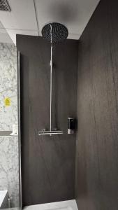 een badkamer met een douche en een zwarte muur bij The March Hotel in March +59 foto's